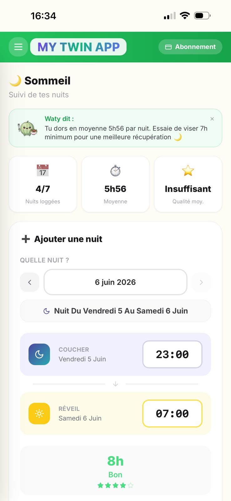 🌙 Suivi sommeil